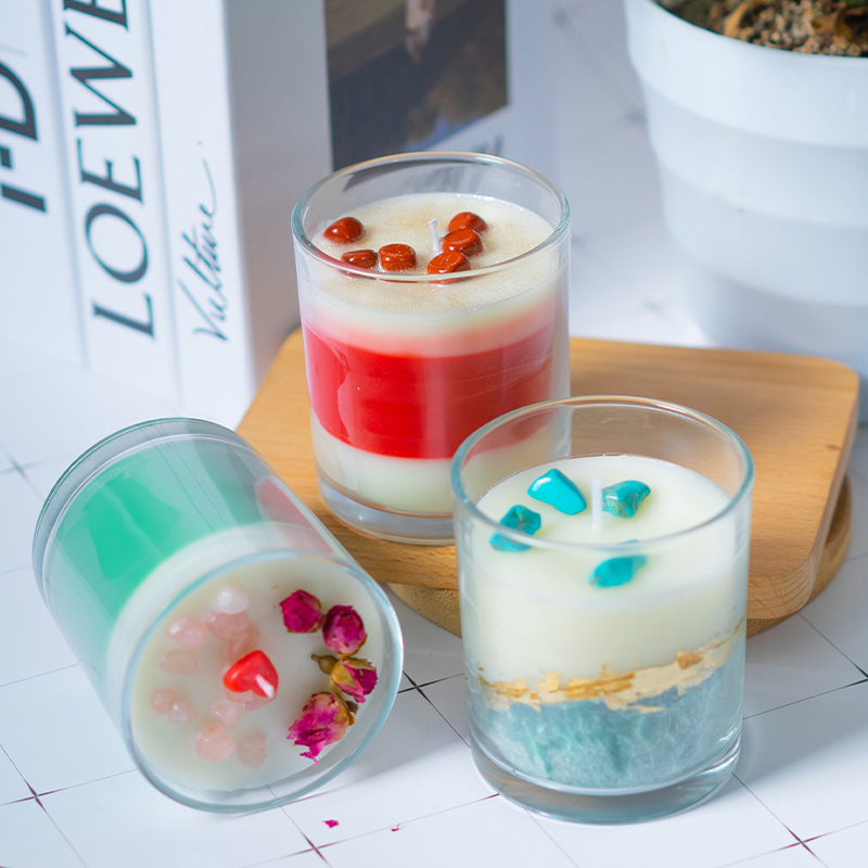 Transparent glass jar multi-colored layered scented candle