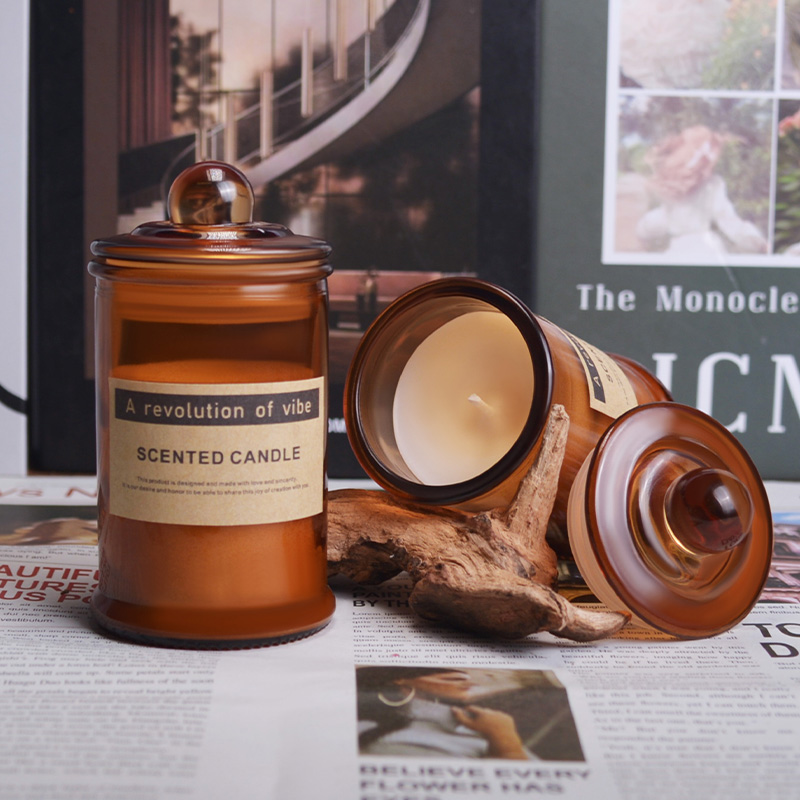 Amber glass jar with scented candle lid