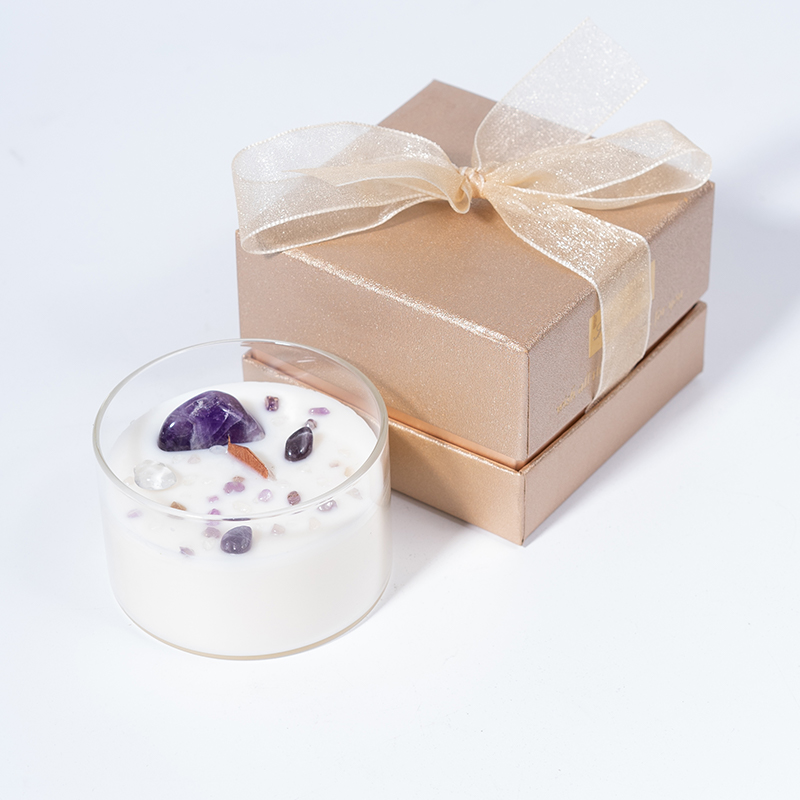 Purple crystal stone transparent glass wood candle wick aromatherapy candle gift box