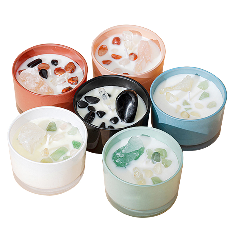 Colored glass scented candle with crystal stone
